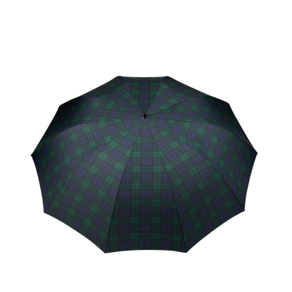 A handmade Black Watch Telescopic Maple Handle Umbrella by Fox Umbrellas on a white background.