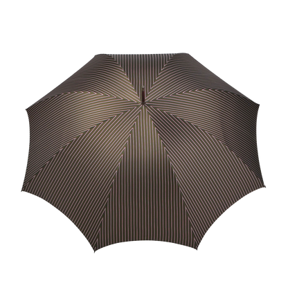 A top view of a fully opened Fox Umbrellas' "Green Red Striped Maple Handle Umbrella," showcasing its handmade design with thin, vertical, multi-colored stripes against a dark background and complemented by a polished dark maple handle.