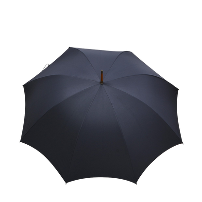 A navy blue Packable Umbrella by Fox Umbrellas, featuring a handmade Malacca crook handle from England, is elegantly displayed open against a plain white background.