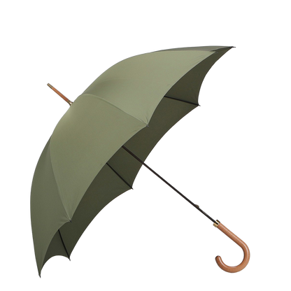 A Fox Umbrellas Olive Green Polished Maple Handle Umbrella is open and positioned against a plain white background.