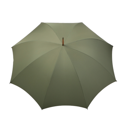 An olive green umbrella with a polished maple handle from Fox Umbrellas, featuring a wide canopy and crook-handle, photographed against a plain white background.
