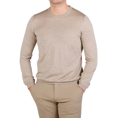 Gran Sasso Beige Wool Silk Crew Neck Sweater Front