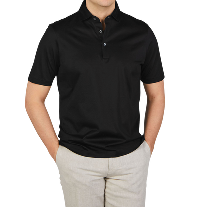 Gran Sasso Black Cotton Filo Scozia Polo Shirt Front