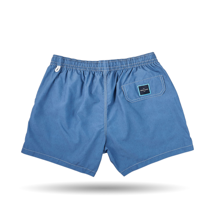 Blue Melange Recycled Microfiber swim shorts by Gran Sasso with a back pocket displayed on a white background.