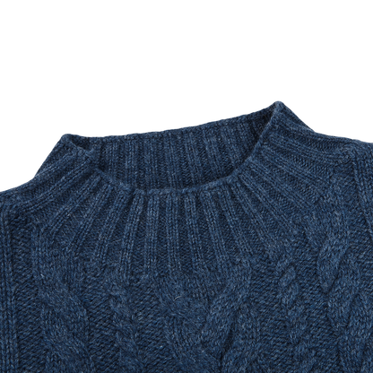 Gran Sasso Blue Melange Wool Cable Knit Crewneck Collar