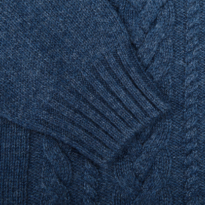 Gran Sasso Blue Melange Wool Cable Knit Crewneck Cuff
