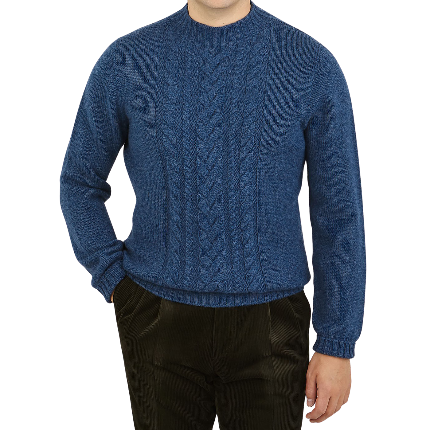 Gran Sasso Blue Melange Wool Cable Knit Crewneck Front