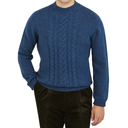 Gran Sasso Blue Melange Wool Cable Knit Crewneck Front