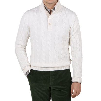 Gran Sasso Cream Cashmere Quarter Button Sweater Front