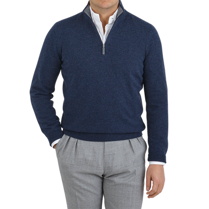 Gran Sasso Dark Blue Melange Wool Cashmere 1:4 Zip Sweater Front