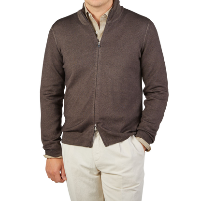 Gran Sasso Dark Brown Vintage Merino Wool Zip Cardigan Front