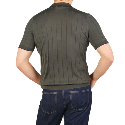 Gran Sasso Dark Green Knitted Silk Zip Polo Shirt Back