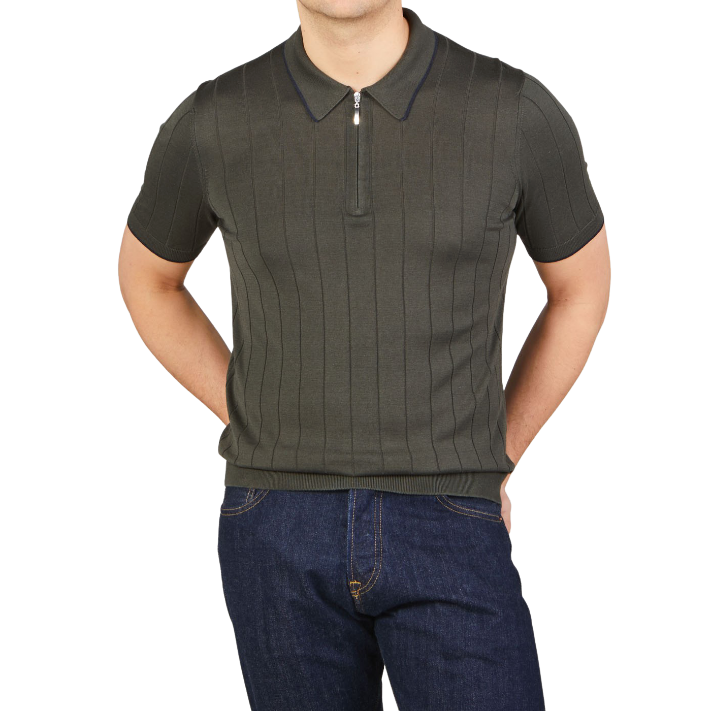 Gran Sasso Dark Green Knitted Silk Zip Polo Shirt Front