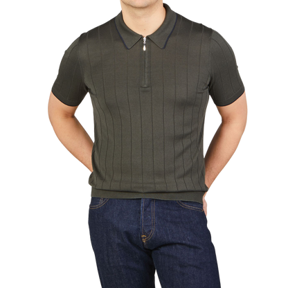 Gran Sasso Dark Green Knitted Silk Zip Polo Shirt Front