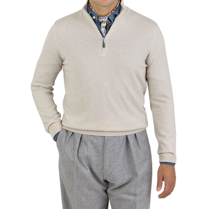 Gran Sasso Light Beige Cashmere 1:4 Zip Sweater Front