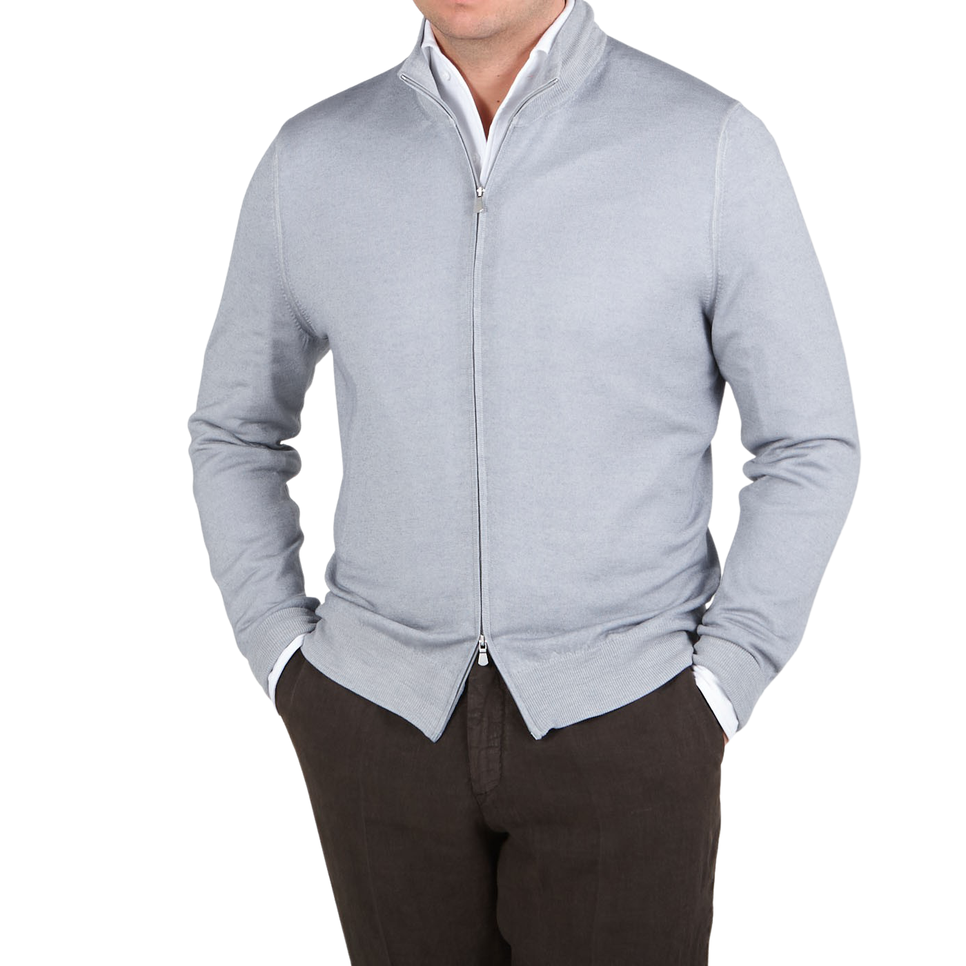 Gran Sasso Light Grey Vintage Merino Wool Zip Cardigan Front