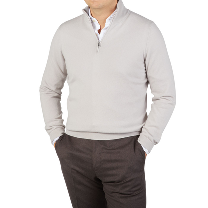 Gran Sasso Light Taupe Cashmere 1:4 Zip Sweater Front