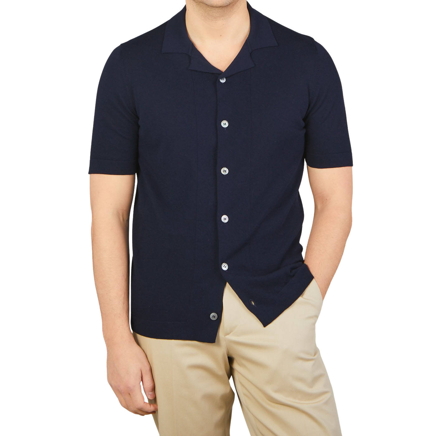 Gran Sasso Navy Blue Fresh Cotton Bowling Shirt Back