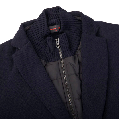 A Gran Sasso Navy Blue Rain Wool Knitted Jacket with a zipper on the front.