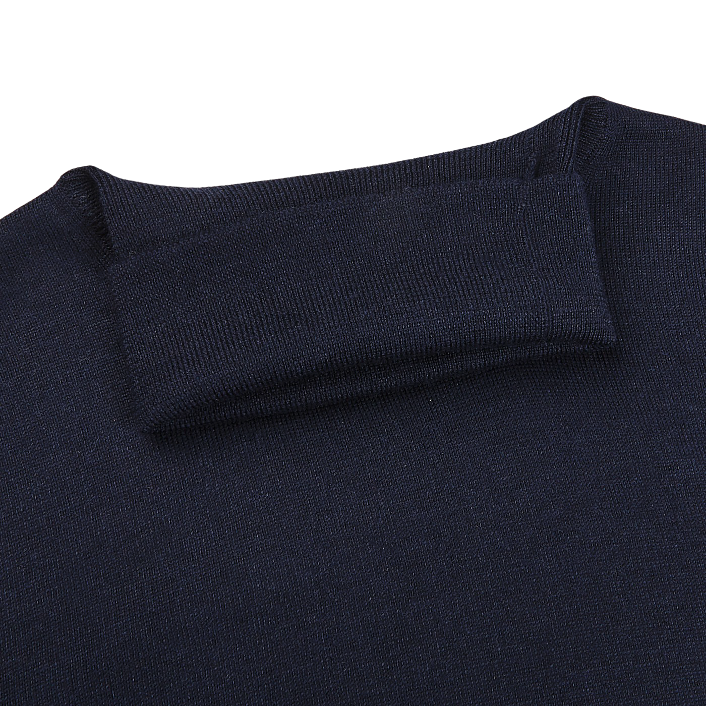 Close-up of the back neckline on the Gran Sasso Navy Blue Extra Fine Merino Wool Rollneck, showing a rectangular patch sewn horizontally across the upper center.