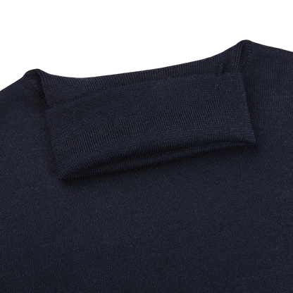 Close-up of the back neckline on the Gran Sasso Navy Blue Extra Fine Merino Wool Rollneck, showing a rectangular patch sewn horizontally across the upper center.
