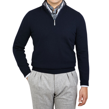 Gran Sasso Navy Melange Cashmere 1:4 Zip Sweater Front
