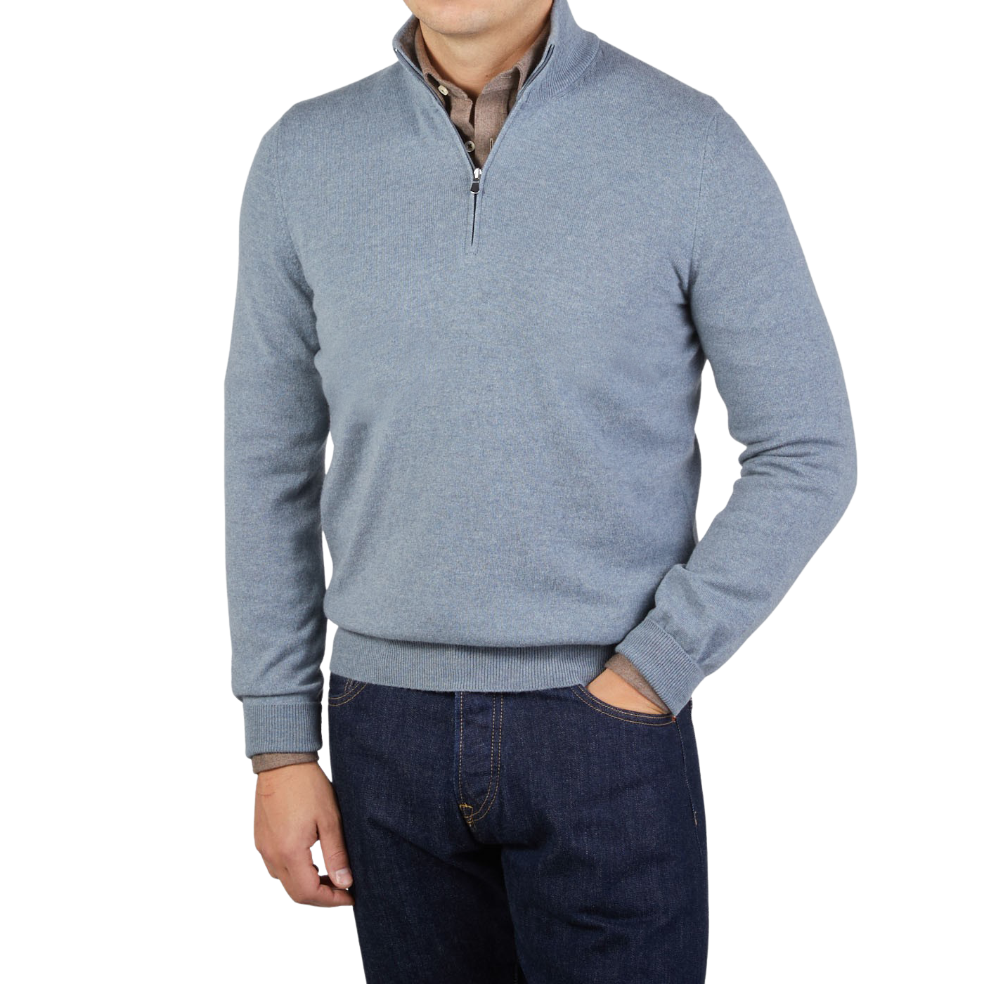 Gran Sasso Steel Blue Cashmere 1:4 Zip Sweater Front