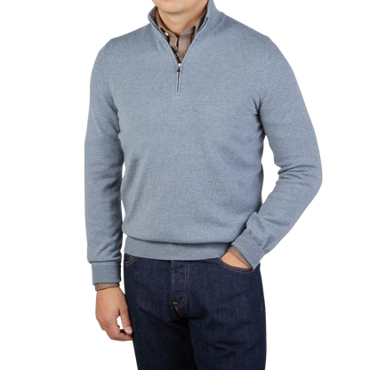 Gran Sasso Steel Blue Cashmere 1:4 Zip Sweater Front