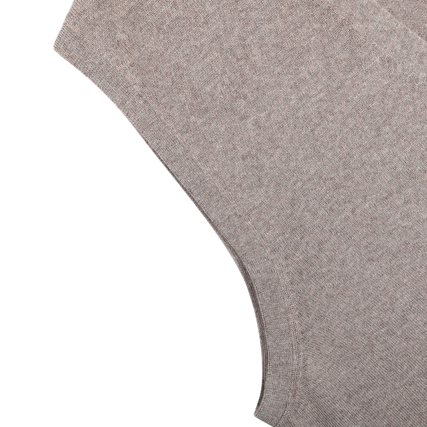 Close-up of Gran Sasso's Beige Extra Fine Merino Wool Vest, showing its light brown heathered knit fabric laid flat on a white surface—perfect for layering.