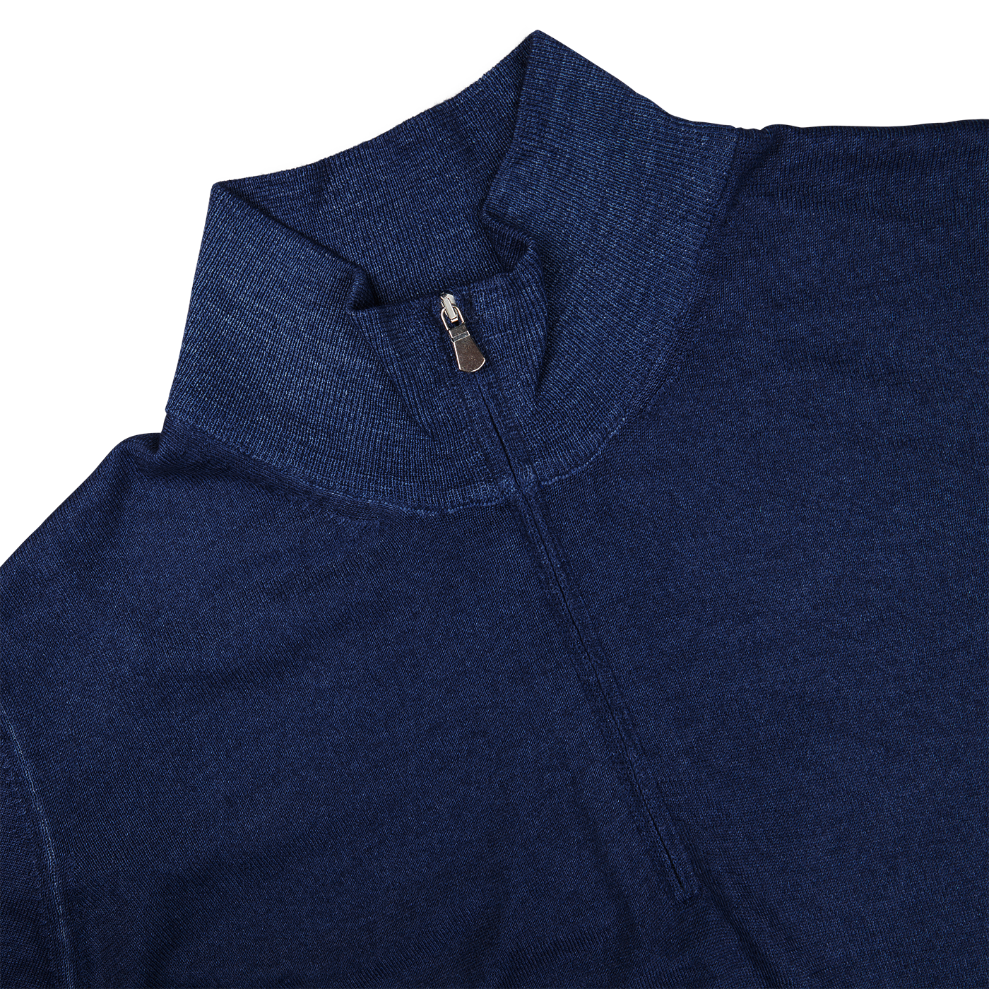 A close-up of a Blue Melange Vintage Merino Wool Zip Cardigan with a zipped collar, made by Gran Sasso.