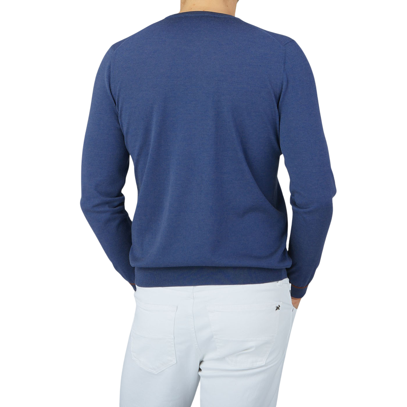 The back view of a man wearing a Gran Sasso Dark Blue Silk Cotton Crewneck Sweater.