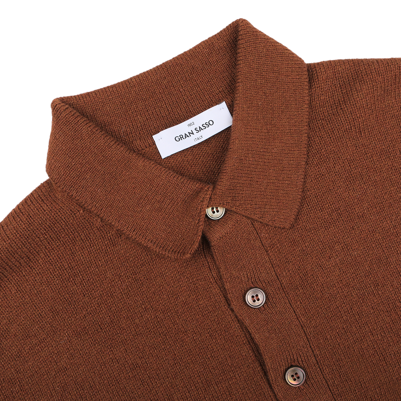 The Gran Sasso Burnt Orange Virgin Wool LS Polo Shirt features a collared design with three buttons and a visible label inside the collar, offering a regular fit crafted from virgin wool.