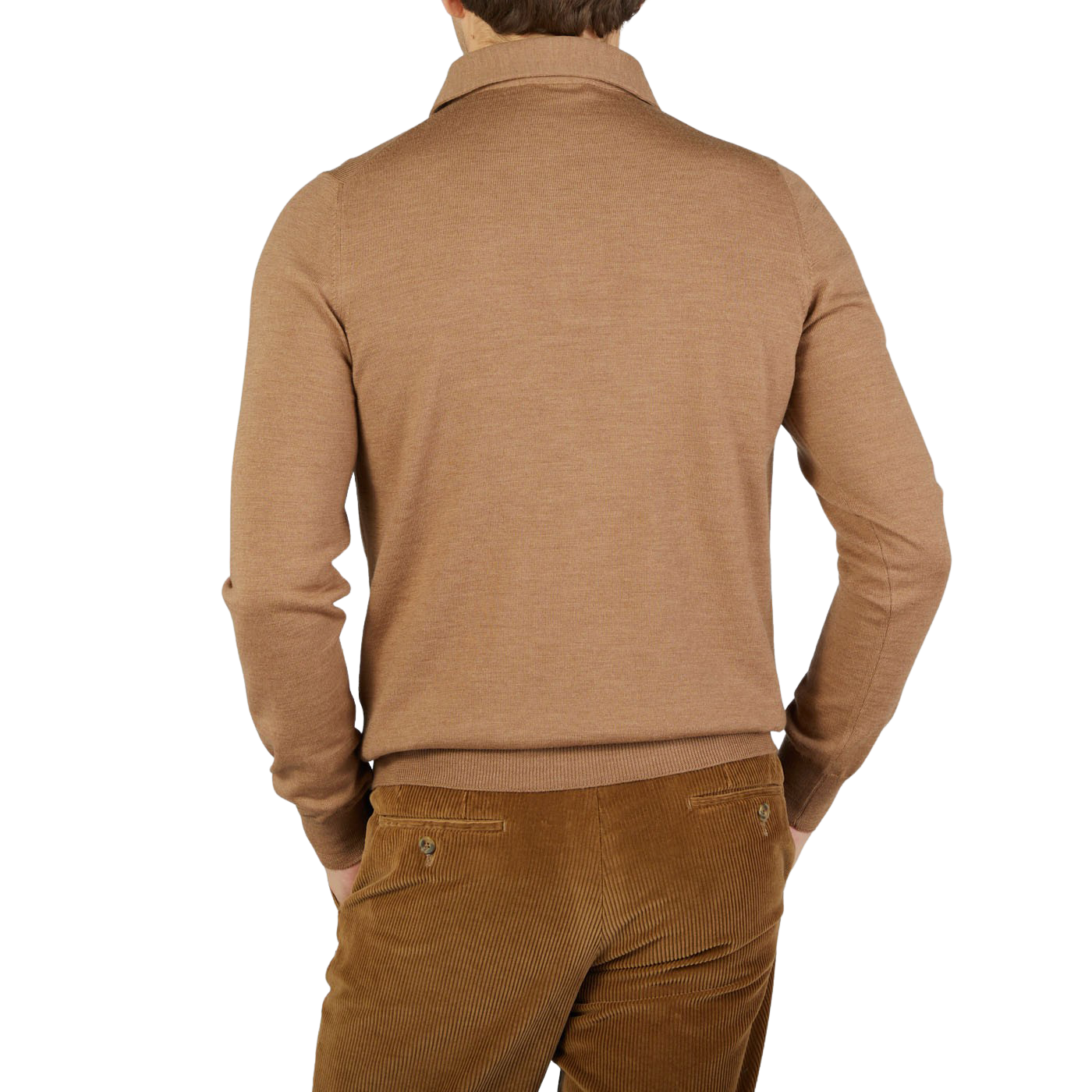 The back view of a man wearing a Gran Sasso Camel Merino Wool One-Piece Collar Polo Shirt.