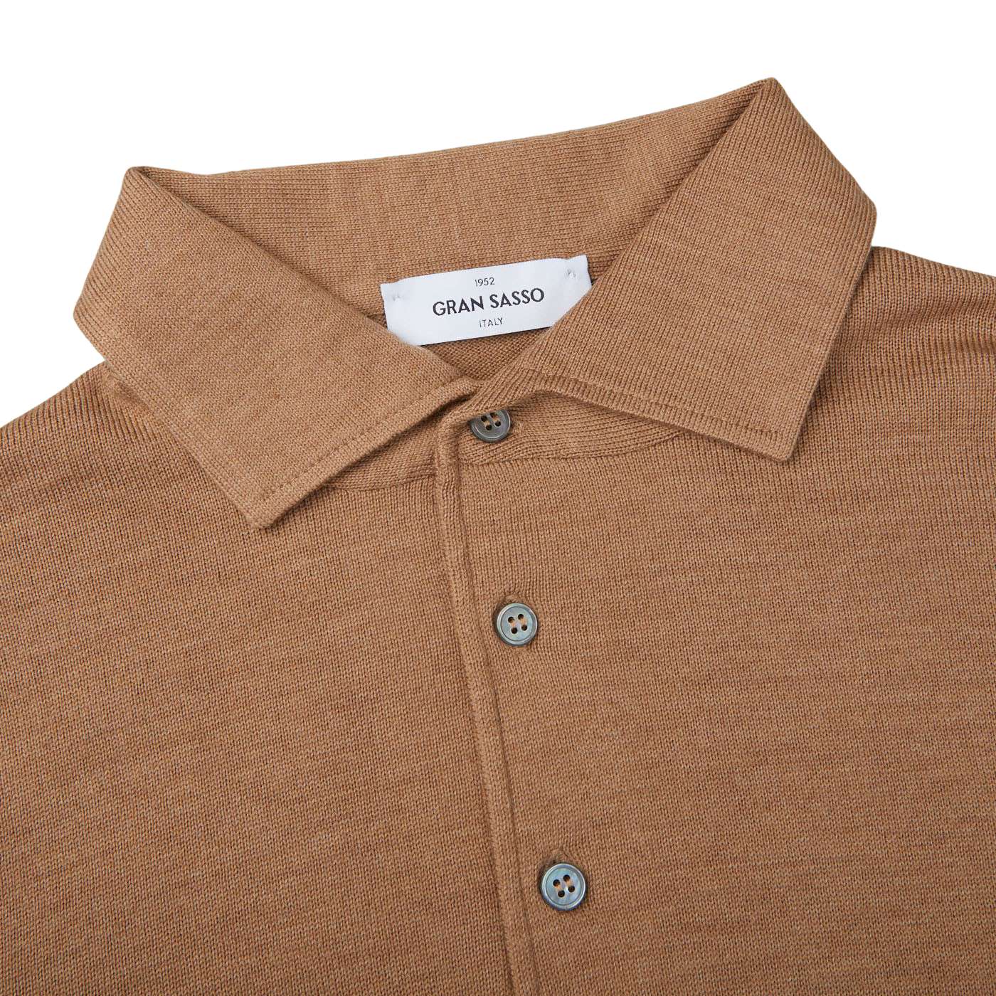 A Gran Sasso Camel Merino Wool One-Piece Collar polo shirt with buttons on the collar.
