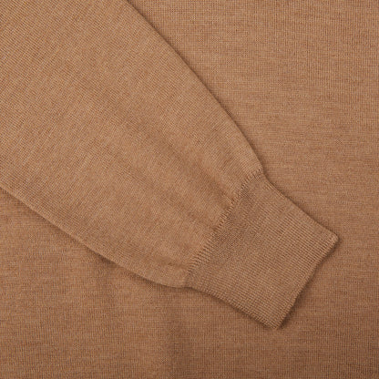 A close up of a Gran Sasso Camel Merino Wool One-Piece Collar polo shirt.
