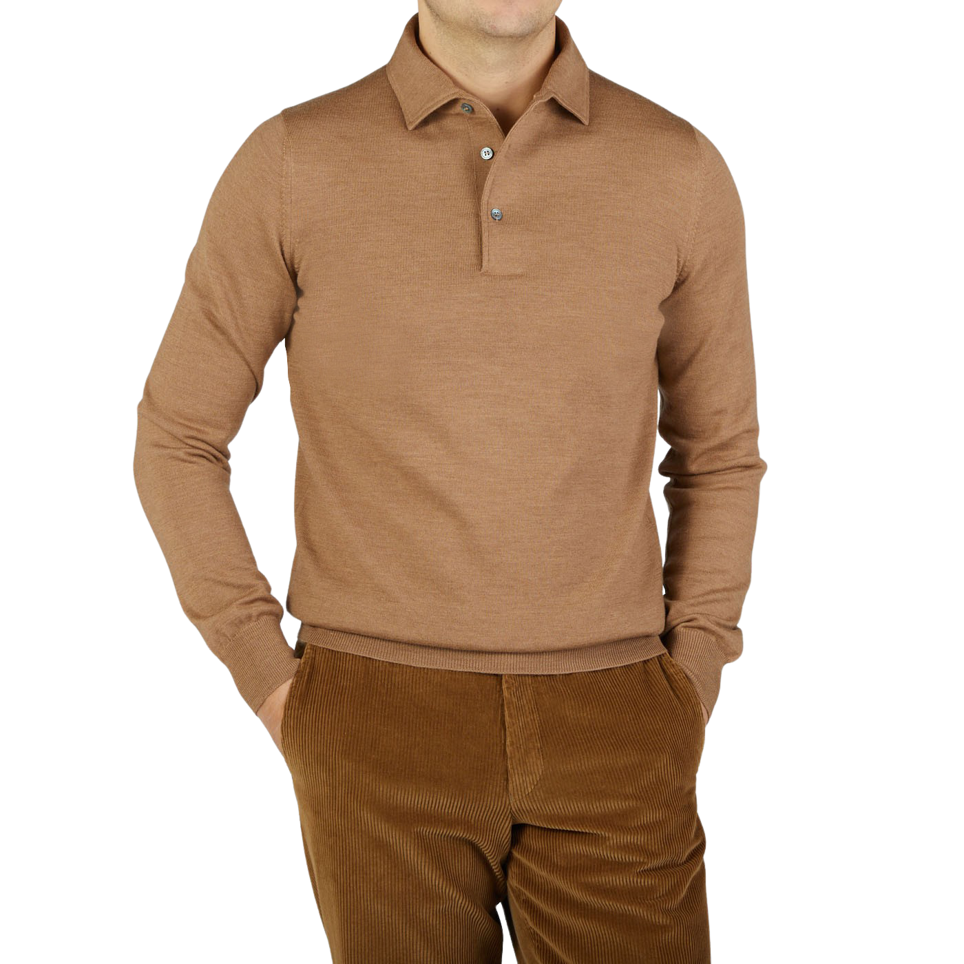 A man wearing a Gran Sasso Camel Merino Wool One-Piece Collar polo shirt.