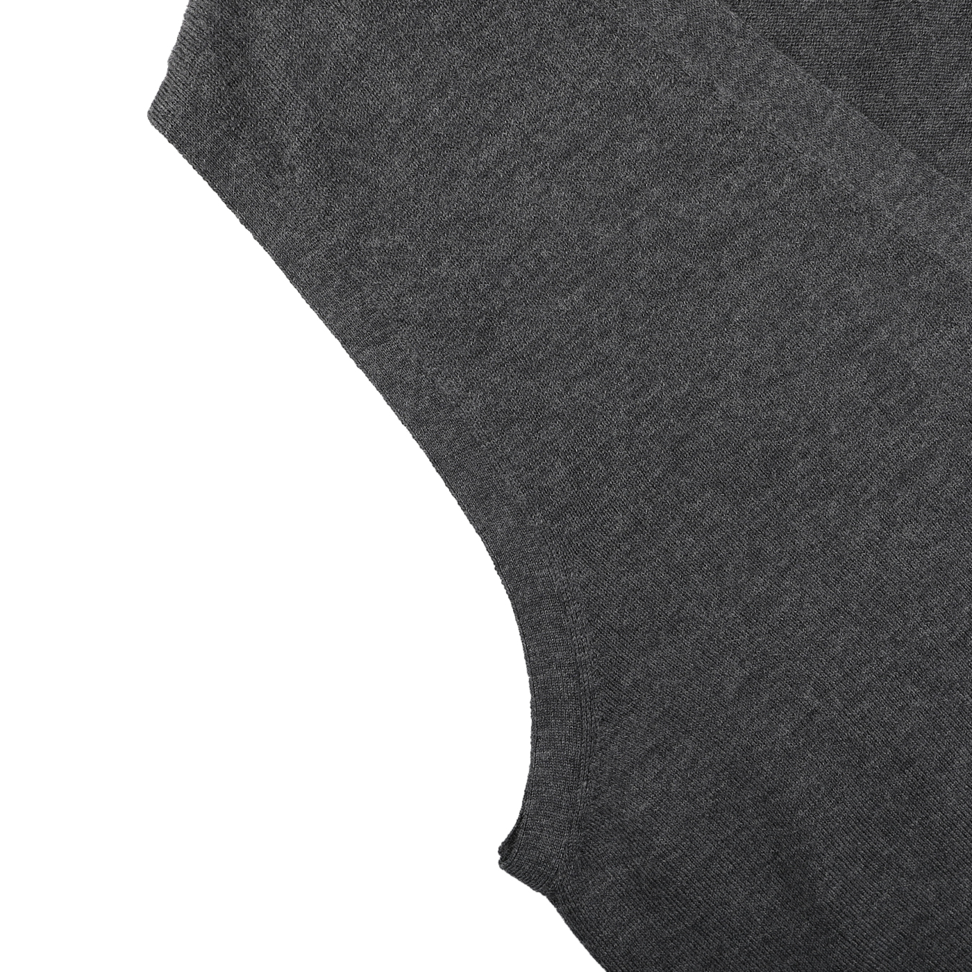 Close-up of the Gran Sasso Charcoal Extra Fine Merino Wool Vest, sleeveless and laid flat on a white background, showcasing the armhole and premium merino fabric texture.