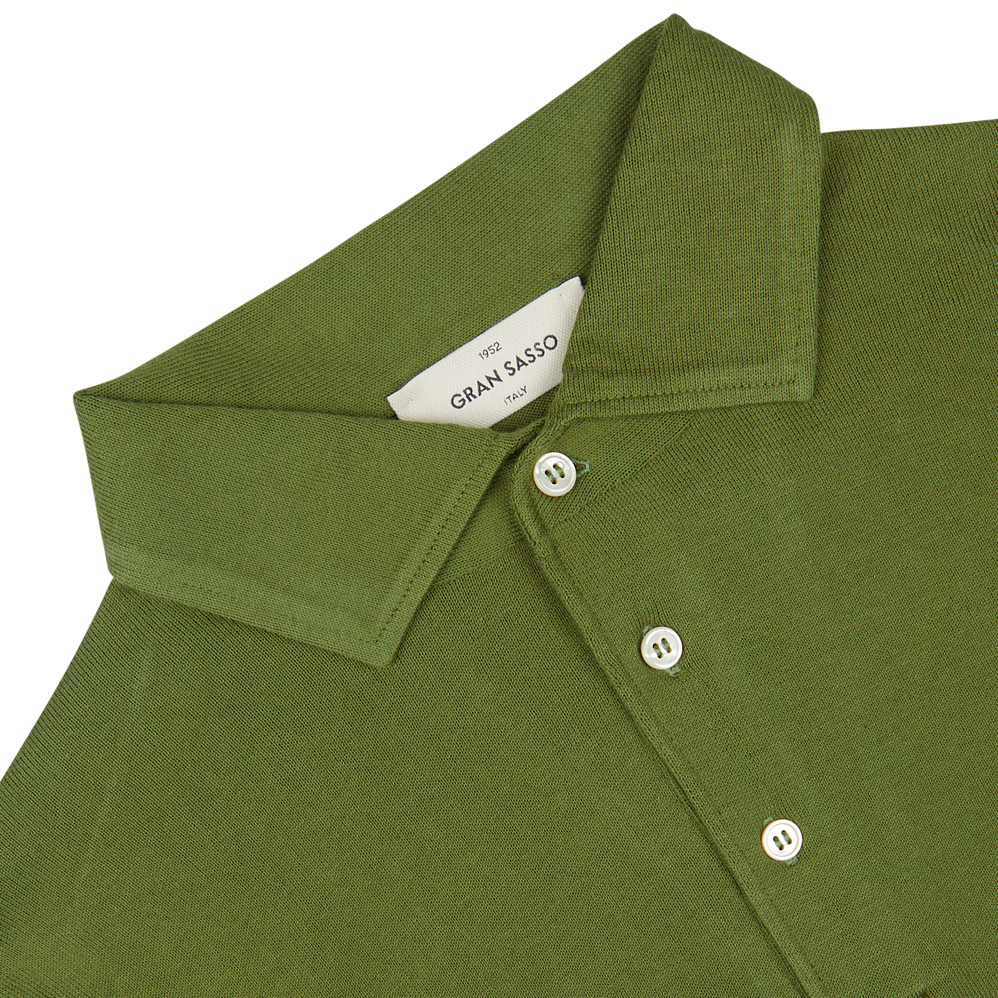 Close-up of a green Gran Sasso Green Organic Cotton LS Polo Shirt showing detail of the collar and buttons.