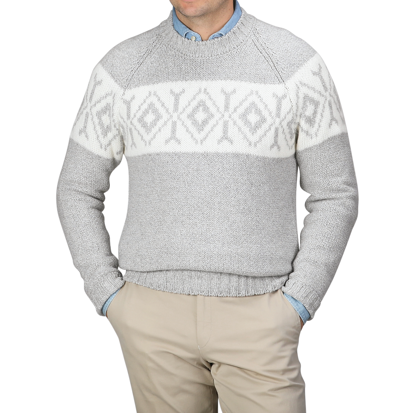 A person wearing a Gran Sasso Grey Eco Cashmere Norwegian Crewneck Sweater paired with beige pants.