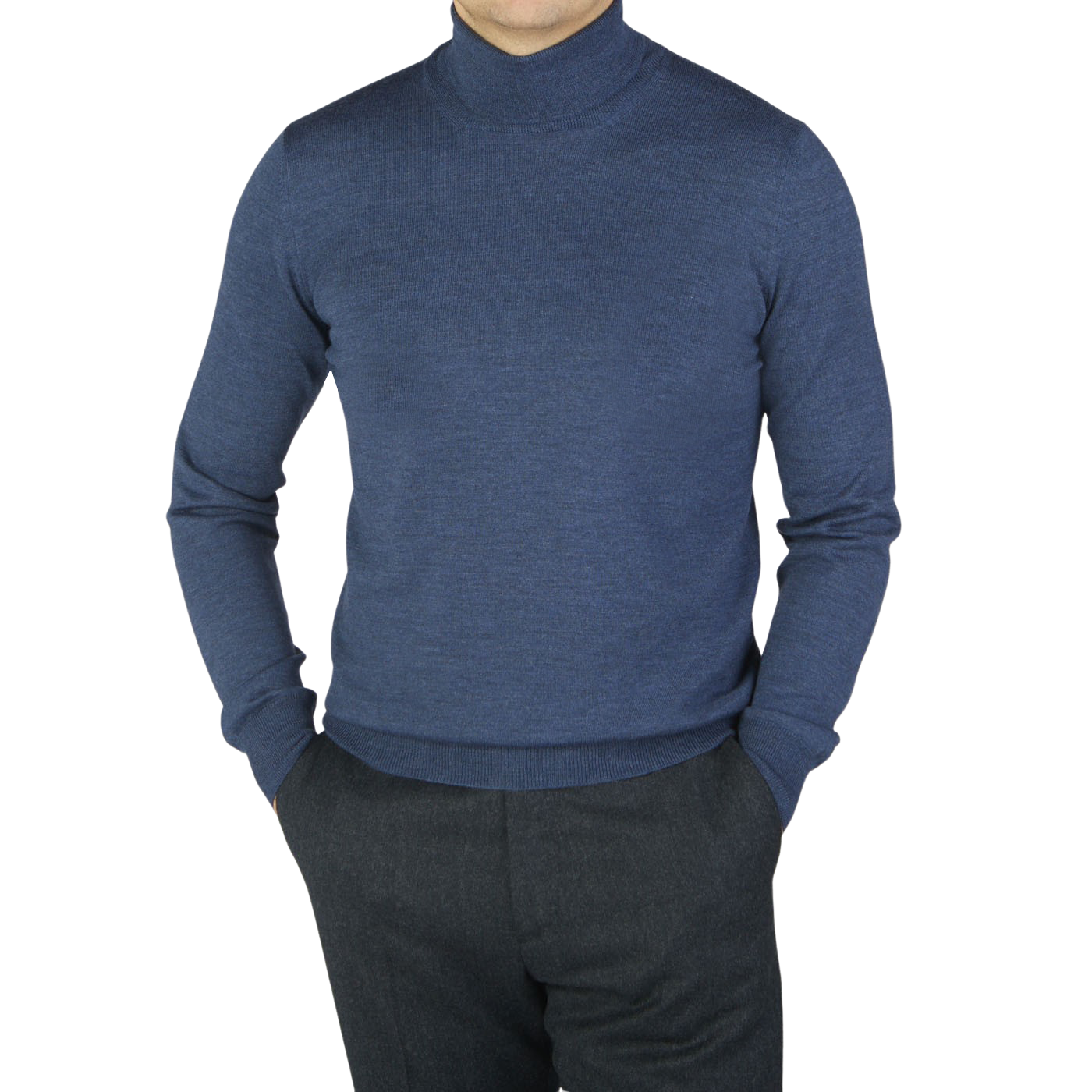 A man wearing a Gran Sasso Mid Blue Extra Fine Merino Roll Neck sweater.