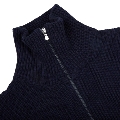 A close up of a Gran Sasso Navy Blue Eco Cashmere Funnel Neck Cardigan.