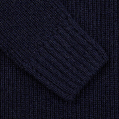 A close up of a Gran Sasso Navy Blue Eco Cashmere Funnel Neck Cardigan.
