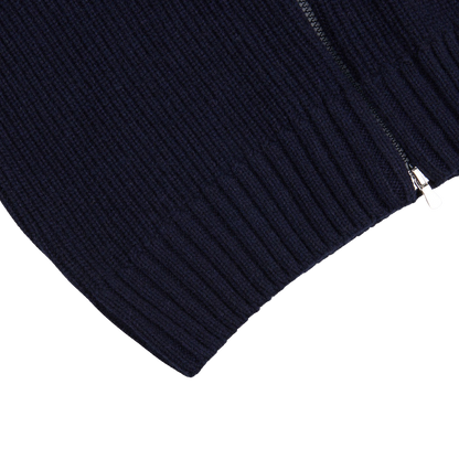 A Gran Sasso production close up of a Navy Blue Eco Cashmere Funnel Neck Cardigan.
