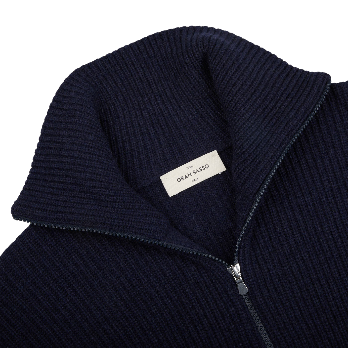 A Navy Blue Eco Cashmere Funnel Neck Cardigan by Gran Sasso in production.