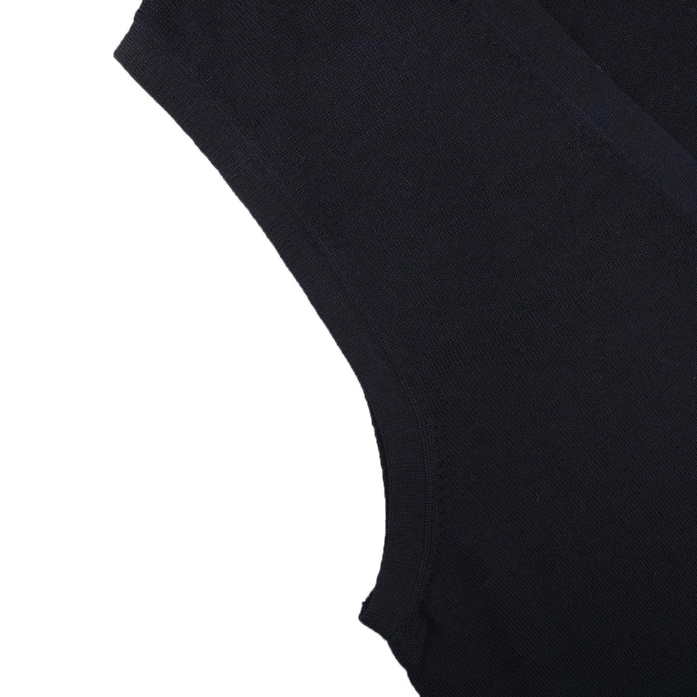 Close-up of the Gran Sasso Navy Blue Extra Fine Merino Wool Vest, highlighting the seamless armhole and side seam—ideal for effortless layering against a white background.