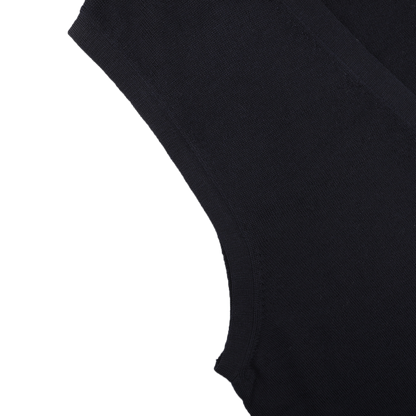 Close-up of the Gran Sasso Navy Blue Extra Fine Merino Wool Vest, highlighting the seamless armhole and side seam—ideal for effortless layering against a white background.