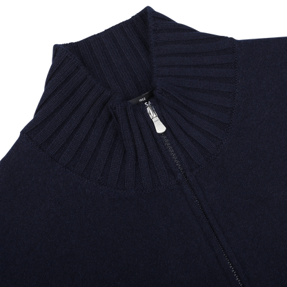 Close-up of the Gran Sasso Navy Blue Felted Cashmere Zip Cardigan, showcasing a ribbed high collar and a soft, contemporary fit.