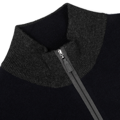 Close-up of the Gran Sasso Navy Blue Wool Cashmere Zip Cardigan's collar, highlighting a front zipper and ribbed texture, exemplifying premium knitwear.