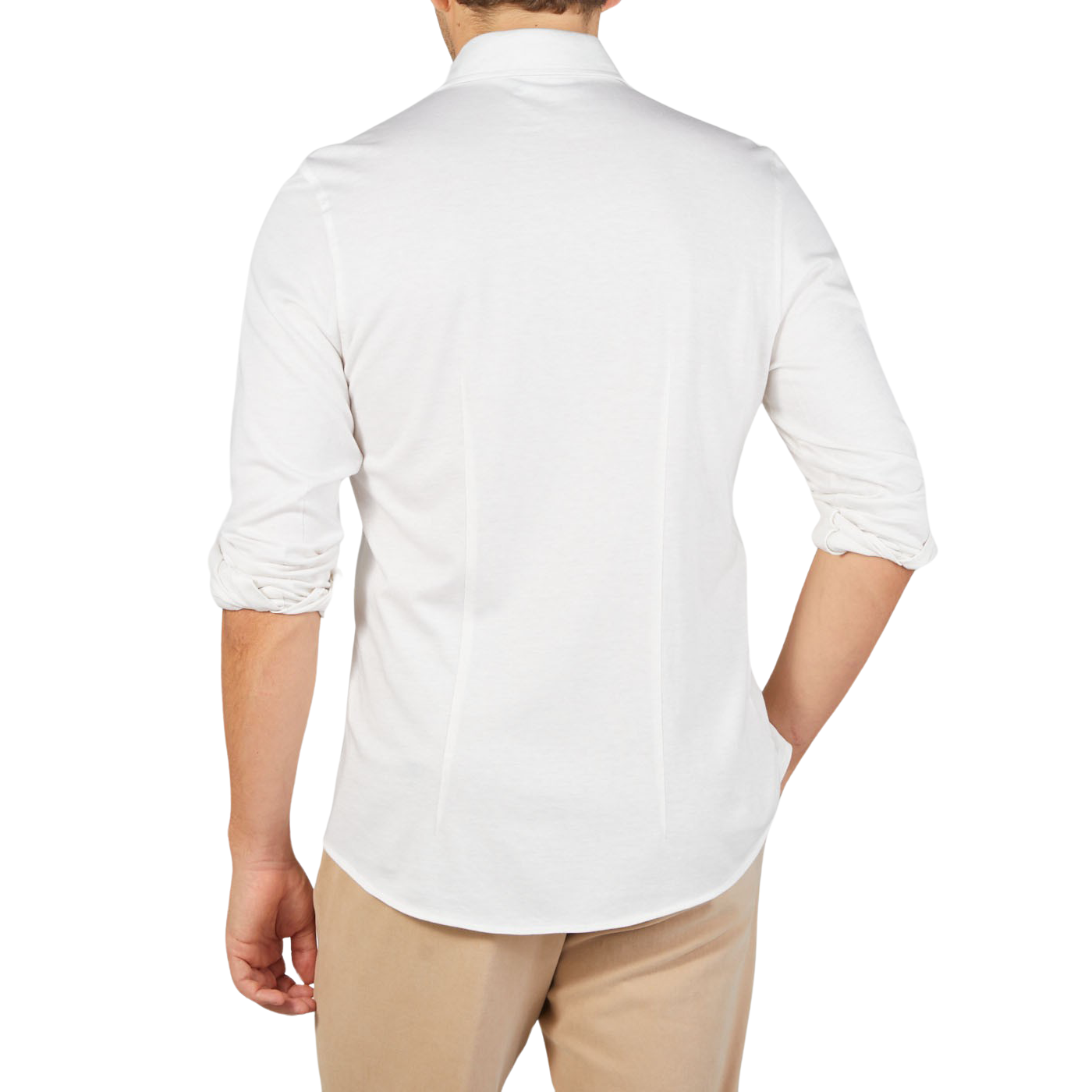 The back view of a man wearing a Gran Sasso Off-White Cotton Cashmere Knitted Shirt.