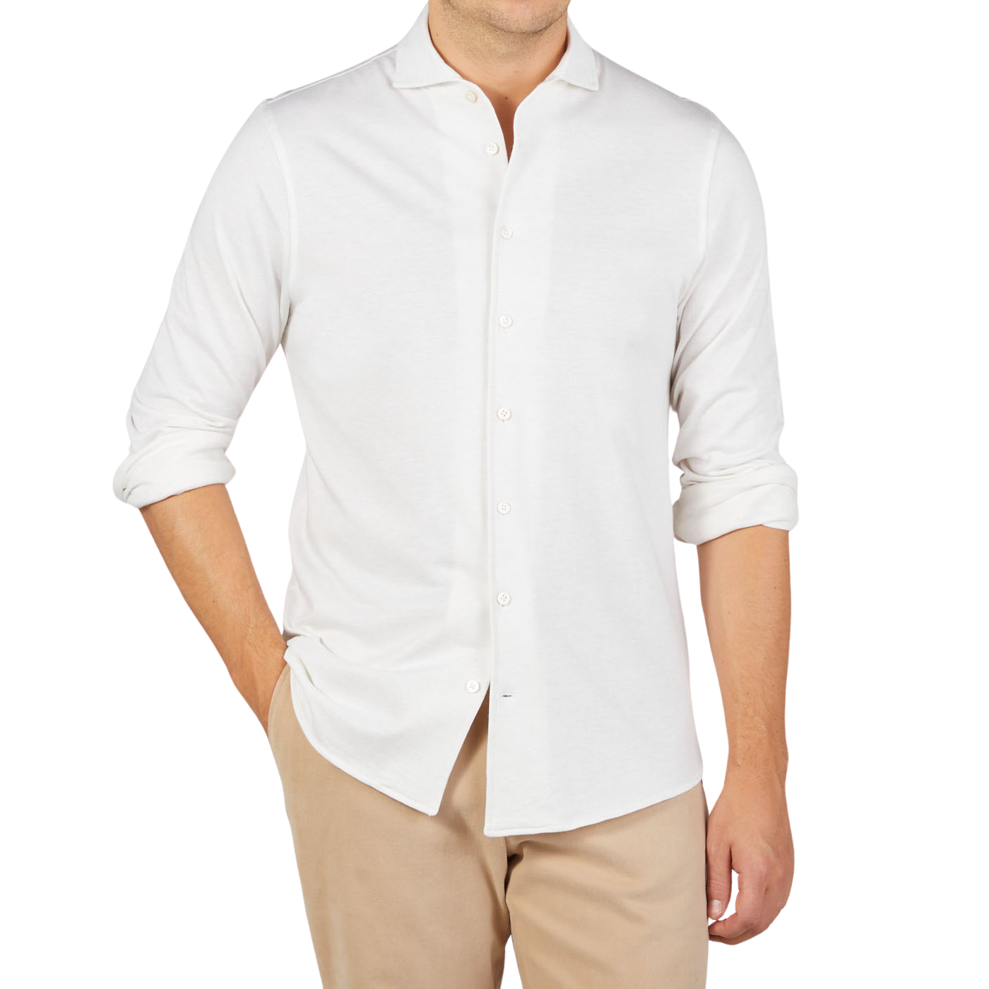 A man wearing a Gran Sasso Off-White Cotton Cashmere Knitted Shirt.